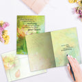 Load image into Gallery viewer, The inside of Tree-Free’s Memories Overflowing Sympathy Card card, with the cover and envelope in the background.