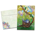Load image into Gallery viewer, Cover of Little Nestling New Baby card (featuring artwork of a bird in a nest on a floral tree branch) and its matching envelope