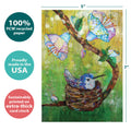 Load image into Gallery viewer, The cover of Tree-Free’s Little Nestling card with lines demonstrating its 5x7 dimensions, along with the following text: “100% PCW recycled paper, proudly made in the USA, sustainably printed on extra-thick card stock”