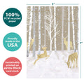 Load image into Gallery viewer, The cover of Tree-Free’s Silent Wood Holiday Card card with lines demonstrating its 5x7 dimensions, along with the following text: “100% PCW recycled paper, proudly made in the USA, sustainably printed on extra-thick card stock”