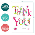 Load image into Gallery viewer, The cover of Tree-Free’s Flowery Thanks card with lines demonstrating its 5x7 dimensions, along with the following text: “100% PCW recycled paper, proudly made in the USA, sustainably printed on extra-thick card stock”