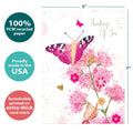 Load image into Gallery viewer, The cover of Tree-Free’s Thinking Of You Butterfly card with lines demonstrating its 5x7 dimensions, along with the following text: “100% PCW recycled paper, proudly made in the USA, sustainably printed on extra-thick card stock”