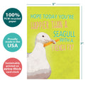 Load image into Gallery viewer, The cover of Tree-Free’s Beachin Seagull card with lines demonstrating its 5x7 dimensions, along with the following text: “100% PCW recycled paper, proudly made in the USA, sustainably printed on extra-thick card stock”
