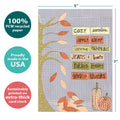 Load image into Gallery viewer, The cover of Tree-Free’s Cozy Fall card with lines demonstrating its 5x7 dimensions, along with the following text: “100% PCW recycled paper, proudly made in the USA, sustainably printed on extra-thick card stock”