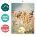 Load image into Gallery viewer, The cover of Tree-Free’s Fairie Celebration card with lines demonstrating its 5x7 dimensions, along with the following text: “100% PCW recycled paper, proudly made in the USA, sustainably printed on extra-thick card stock”