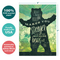 Load image into Gallery viewer, The cover of Tree-Free’s Makes You Stronger Get Well Card card with lines demonstrating its 5x7 dimensions, along with the following text: “100% PCW recycled paper, proudly made in the USA, sustainably printed on extra-thick card stock”