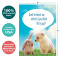 Load image into Gallery viewer, The cover of Tree-Free’s Easter Secret card with lines demonstrating its 5x7 dimensions, along with the following text: “100% PCW recycled paper, proudly made in the USA, sustainably printed on extra-thick card stock”