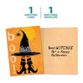 Load image into Gallery viewer, The cover and inside of Tree-Free’s Witch Way Halloween Card card, along with the following text: “1 greeting card, 1 matching envelope”