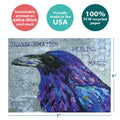 Load image into Gallery viewer, The cover of Tree-Free’s Healing Raven Support Card card with lines demonstrating its 5x7 dimensions, along with the following text: “100% PCW recycled paper, proudly made in the USA, sustainably printed on extra-thick card stock”