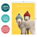 Load image into Gallery viewer, The cover of Tree-Free’s Feeling Baaahd card with lines demonstrating its 5x7 dimensions, along with the following text: “100% PCW recycled paper, proudly made in the USA, sustainably printed on extra-thick card stock”