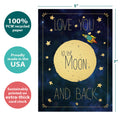 Load image into Gallery viewer, The cover of Tree-Free’s Moon And Back Birthday Card card with lines demonstrating its 5x7 dimensions, along with the following text: “100% PCW recycled paper, proudly made in the USA, sustainably printed on extra-thick card stock”