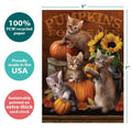 Load image into Gallery viewer, The cover of Tree-Free’s Autumn Kisses card with lines demonstrating its 5x7 dimensions, along with the following text: “100% PCW recycled paper, proudly made in the USA, sustainably printed on extra-thick card stock”