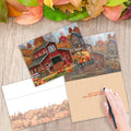 Load image into Gallery viewer, The inside of Tree-Free’s Piled High Pumpkin card, with the cover and envelope in the background.