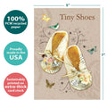 Load image into Gallery viewer, The cover of Tree-Free’s Baby Booties card with lines demonstrating its 5x7 dimensions, along with the following text: “100% PCW recycled paper, proudly made in the USA, sustainably printed on extra-thick card stock”