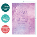 Load image into Gallery viewer, The cover of Tree-Free’s All That We Love card with lines demonstrating its 5x7 dimensions, along with the following text: “100% PCW recycled paper, proudly made in the USA, sustainably printed on extra-thick card stock”