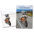 Load image into Gallery viewer, Cover of Life is a Highway Anniversary card (featuring serif text above artwork of two dogs riding a motorcycle) and its matching envelope