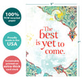 Load image into Gallery viewer, The cover of Tree-Free’s Best Is Yet card with lines demonstrating its 5x7 dimensions, along with the following text: “100% PCW recycled paper, proudly made in the USA, sustainably printed on extra-thick card stock”