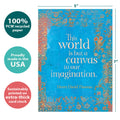 Load image into Gallery viewer, The cover of Tree-Free’s The World is But a Canvas card with lines demonstrating its 5x7 dimensions, along with the following text: “100% PCW recycled paper, proudly made in the USA, sustainably printed on extra-thick card stock”