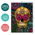 Load image into Gallery viewer, The cover of Tree-Free’s Sugar Skull Paisley Halloween Card card with lines demonstrating its 5x7 dimensions, along with the following text: “100% PCW recycled paper, proudly made in the USA, sustainably printed on extra-thick card stock”
