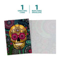Load image into Gallery viewer, The cover and inside of Tree-Free’s Sugar Skull Paisley Halloween Card card, along with the following text: “1 greeting card, 1 matching envelope”