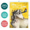 Load image into Gallery viewer, The cover of Tree-Free’s Believe In Yourself Unicorn Encouragement Card card with lines demonstrating its 5x7 dimensions, along with the following text: “100% PCW recycled paper, proudly made in the USA, sustainably printed on extra-thick card stock”
