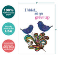 Load image into Gallery viewer, The cover of Tree-Free’s Blink and Grow card with lines demonstrating its 5x7 dimensions, along with the following text: “100% PCW recycled paper, proudly made in the USA, sustainably printed on extra-thick card stock”