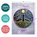 Load image into Gallery viewer, The cover of Tree-Free’s Tree Of Life And Light card with lines demonstrating its 5x7 dimensions, along with the following text: “100% PCW recycled paper, proudly made in the USA, sustainably printed on extra-thick card stock”