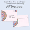 Load image into Gallery viewer, The envelope for Tree-Free’s Heart Window Mandala card, along with the following text: “Every Tree-Free 5x7 card comes with a matching ARTvelope!”