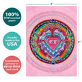 Load image into Gallery viewer, The cover of Tree-Free’s Heart Window Mandala card with lines demonstrating its 5x7 dimensions, along with the following text: “100% PCW recycled paper, proudly made in the USA, sustainably printed on extra-thick card stock”