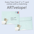 Load image into Gallery viewer, The envelope for Tree-Free’s Peace Love Joy card, along with the following text: “Every Tree-Free 5x7 card comes with a matching ARTvelope!”
