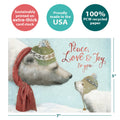 Load image into Gallery viewer, The cover of Tree-Free’s Peace Love Joy card with lines demonstrating its 5x7 dimensions, along with the following text: “100% PCW recycled paper, proudly made in the USA, sustainably printed on extra-thick card stock”