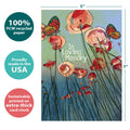 Load image into Gallery viewer, The cover of Tree-Free’s Poppies Remembrance card with lines demonstrating its 5x7 dimensions, along with the following text: “100% PCW recycled paper, proudly made in the USA, sustainably printed on extra-thick card stock”