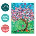 Load image into Gallery viewer, The cover of Tree-Free’s Balloon Tree card with lines demonstrating its 5x7 dimensions, along with the following text: “100% PCW recycled paper, proudly made in the USA, sustainably printed on extra-thick card stock”