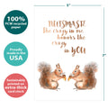 Load image into Gallery viewer, The cover of Tree-Free’s Nutsmaste card with lines demonstrating its 5x7 dimensions, along with the following text: “100% PCW recycled paper, proudly made in the USA, sustainably printed on extra-thick card stock”