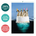 Load image into Gallery viewer, The cover of Tree-Free’s Penguin Cake card with lines demonstrating its 5x7 dimensions, along with the following text: “100% PCW recycled paper, proudly made in the USA, sustainably printed on extra-thick card stock”