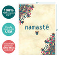Load image into Gallery viewer, The cover of Tree-Free’s Namaste card with lines demonstrating its 5x7 dimensions, along with the following text: “100% PCW recycled paper, proudly made in the USA, sustainably printed on extra-thick card stock”