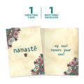Load image into Gallery viewer, The cover and inside of Tree-Free’s Namaste All Occasion Card card, along with the following text: “1 greeting card, 1 matching envelope”