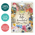 Load image into Gallery viewer, The cover of Tree-Free’s Life Is Beautiful All Occasion Card card with lines demonstrating its 5x7 dimensions, along with the following text: “100% PCW recycled paper, proudly made in the USA, sustainably printed on extra-thick card stock”