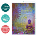 Load image into Gallery viewer, The cover of Tree-Free’s Gratitude Buddha card with lines demonstrating its 5x7 dimensions, along with the following text: “100% PCW recycled paper, proudly made in the USA, sustainably printed on extra-thick card stock”
