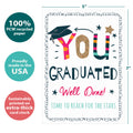 Load image into Gallery viewer, The cover of Tree-Free’s Well Done Grad card with lines demonstrating its 5x7 dimensions, along with the following text: “100% PCW recycled paper, proudly made in the USA, sustainably printed on extra-thick card stock”