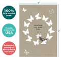 Load image into Gallery viewer, The cover of Tree-Free’s Sending Love card with lines demonstrating its 5x7 dimensions, along with the following text: “100% PCW recycled paper, proudly made in the USA, sustainably printed on extra-thick card stock”