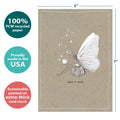 Load image into Gallery viewer, The cover of Tree-Free’s Fairy Happy card with lines demonstrating its 5x7 dimensions, along with the following text: “100% PCW recycled paper, proudly made in the USA, sustainably printed on extra-thick card stock”