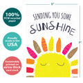 Load image into Gallery viewer, The cover of Tree-Free’s Sending Sunshine card with lines demonstrating its 5x7 dimensions, along with the following text: “100% PCW recycled paper, proudly made in the USA, sustainably printed on extra-thick card stock”