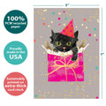 Load image into Gallery viewer, The cover of Tree-Free’s Party Kitty card with lines demonstrating its 5x7 dimensions, along with the following text: “100% PCW recycled paper, proudly made in the USA, sustainably printed on extra-thick card stock”
