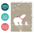 Load image into Gallery viewer, The cover of Tree-Free’s Sweet Polar Christmas card with lines demonstrating its 5x7 dimensions, along with the following text: “100% PCW recycled paper, proudly made in the USA, sustainably printed on extra-thick card stock”
