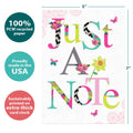 Load image into Gallery viewer, The cover of Tree-Free’s Just A Note card with lines demonstrating its 5x7 dimensions, along with the following text: “100% PCW recycled paper, proudly made in the USA, sustainably printed on extra-thick card stock”