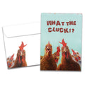 Load image into Gallery viewer, The cover of Tree-Free's What The Cluck card, along with its matching envelope.
