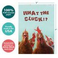 Load image into Gallery viewer, The cover of Tree-Free’s What The Cluck card with lines demonstrating its 5x7 dimensions, along with the following text: “100% PCW recycled paper, proudly made in the USA, sustainably printed on extra-thick card stock”