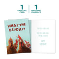 Load image into Gallery viewer, The cover and inside of Tree-Free’s What The Cluck card, along with the following text: “1 greeting card, 1 matching envelope”
