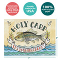 Load image into Gallery viewer, The cover of Tree-Free’s Holy Carp card with lines demonstrating its 5x7 dimensions, along with the following text: “100% PCW recycled paper, proudly made in the USA, sustainably printed on extra-thick card stock”